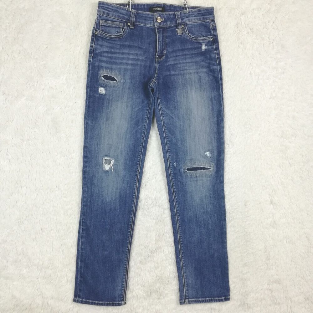 White House Black Market Womens Jeans Straight Crop Denim Blue Patched Stone 6
